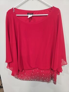 S. Levine Red Chiffon Tunic with Embellished Crystal Hem EUC